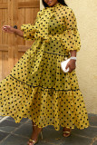 Geel Casual Elegante Print Polka Dot Patchwork Doorzichtige Vouw Lint Kraag Recht Grote maten jurken