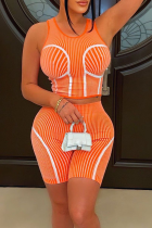 Orange Street Striped Print Patchwork O Neck Sleeveless Two Pieces Tank Crop Tops And Shorts Sets
