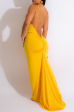 黄色のセクシーな無地パッチワーク V ネック ロング ドレス ドレス