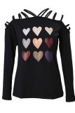 Black Casual Print Hollowed Out V Neck Tops