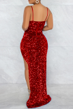 赤のセクシーなパッチワーク スパンコール ハイオープニング スパゲッティ ストラップ トランペット マーメイド ドレス