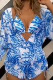 Peacock Blue Sexy Print Bandage Swimsuit Three Piece Set (With Paddings)