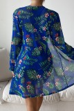 Koningsblauw sexy print patchwork badpak driedelige set (met vulling)