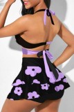 Фиолетовый Купальники с открытой спиной в стиле пэчворк с сексуальным принтом (с прокладками)