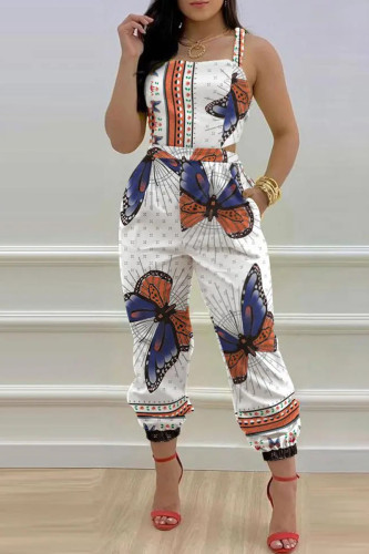 White Sexy Print Bandage Patchwork Backless Spaghetti Strap Regular Jumpsuits