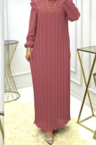 Pink Casual Solid Patchwork Fold O Neck Straight Dresses
