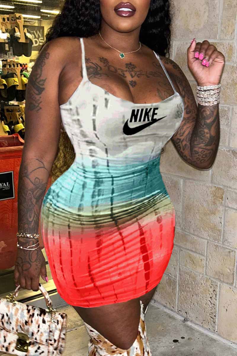 

Watermelon Red Sexy Print Letter Spaghetti Strap One Step Skirt Dresses