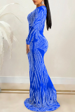 Синее сексуальное горячее бурение в стиле пэчворк с круглым вырезом и платьем русалки