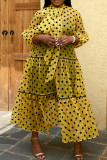 Gelber, lässiger, eleganter Druck mit Tupfen-Patchwork, durchsichtiger Faltenbandkragen, gerade Kleider in Übergröße