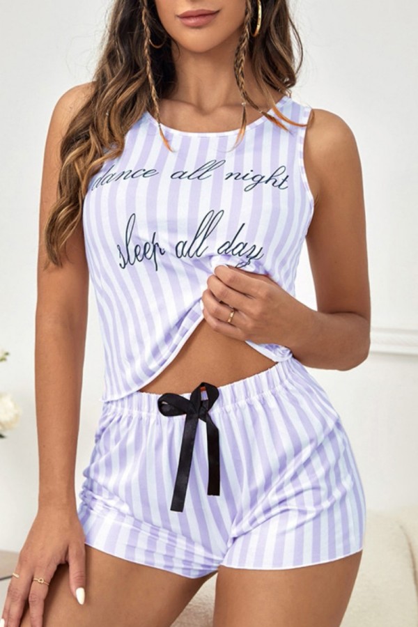 Lila Casual Living Print Basic Tank Top Shorts Pyjama Set mit O-Ausschnitt