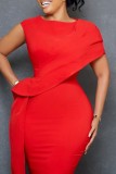 Red Casual Solid Patchwork O Neck Pencil Skirt Dresses
