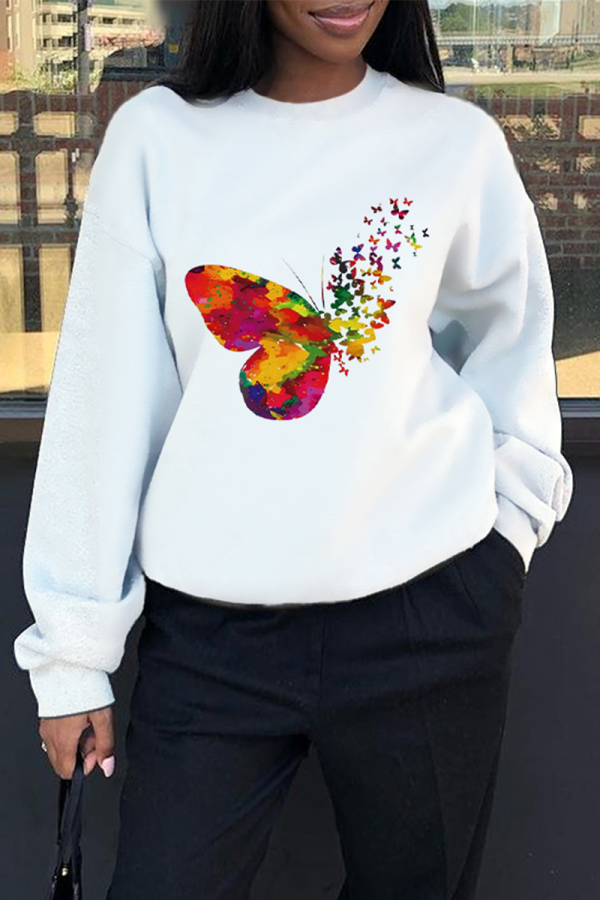 Witte casual vlinderprint patchwork O-hals tops