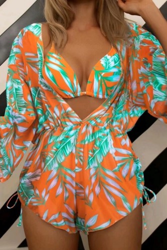 Orange Sexy Print Bandage Swimsuit Three Piece Set (With Paddings)