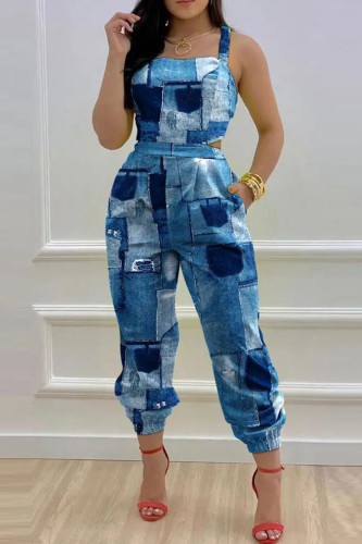 The cowboy blue Sexy Print Bandage Patchwork Backless Spaghetti Strap Regular Jumpsuits