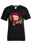 Camisetas pretas com patchwork e decote em bico estampado Street Lips