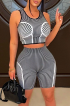 Black Street Striped Print Patchwork O Neck Sleeveless Two Pieces Tank Crop Tops And Shorts Sets