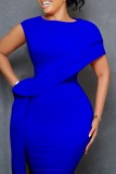 Blue Casual Solid Patchwork O Neck Pencil Skirt Dresses