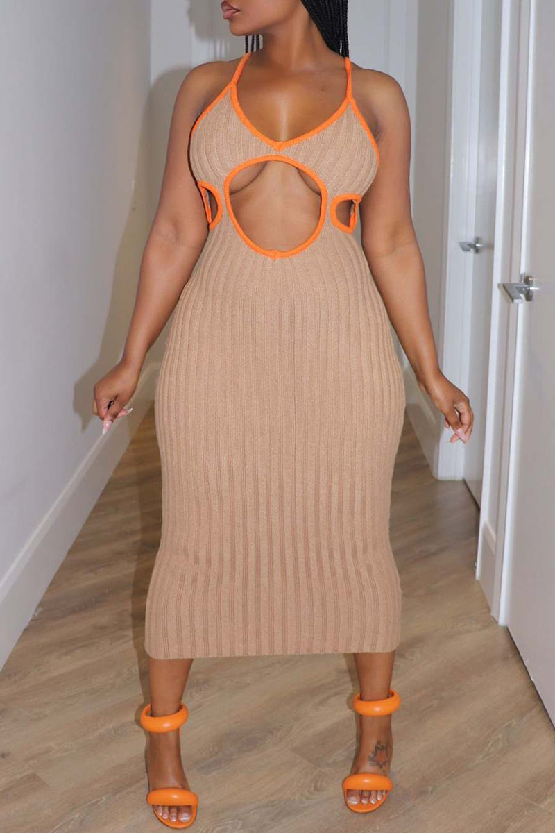 

Brownness Sexy Solid Hollowed Out Patchwork Spaghetti Strap One Step Skirt Dresses
