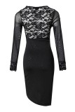 Black Sexy Casual Solid Patchwork See-through V Neck Long Sleeve Dresses