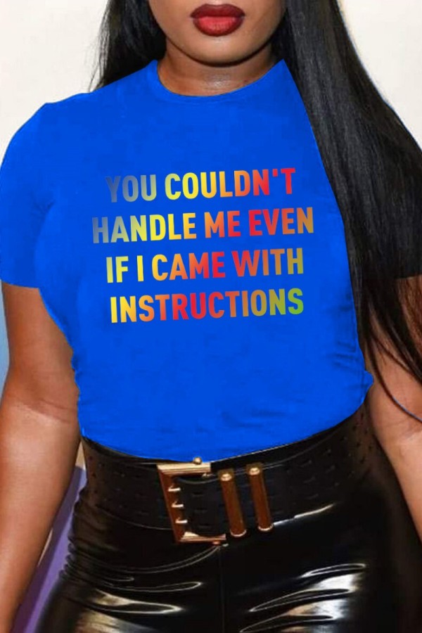 Blaue lässige T-Shirts mit einfachem O-Ausschnitt und Buchstabendruck