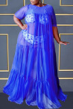 ブルー プラス サイズ セクシー カジュアル ソリッド シースルー フォールド O ネック メッシュ ドレス プラス サイズ ドレス