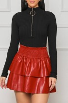 Faldas de color sólido convencional de cintura alta regular de patchwork sólido casual rojo