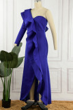 Blaues, elegantes, festes Patchwork-Volant, asymmetrischer Kragen, Abendkleid, Kleider