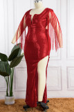 Vestidos de cuello en V de lentejuelas formales de fiesta sexy roja