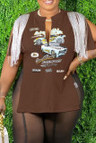Camisetas con cuello en V y abertura en el remiendo de borlas con estampado informal burdeos