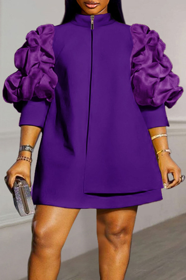 Фиолетовый повседневный сладкий элегантный однотонный пэчворк с застежкой-молнией и воротником-молнией трапециевидной формы платья больших размеров