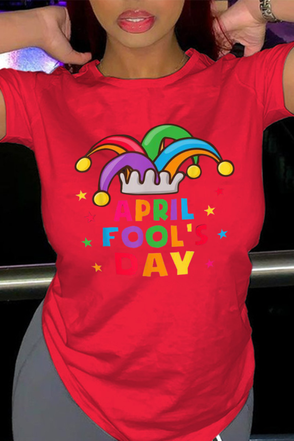 Camisetas con cuello en O de patchwork con estampado vintage de fiesta rojo