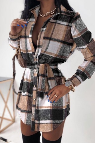 Khaki Casual Patchwork Shirt Collar Long Sleeve Dresses