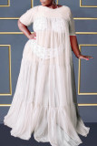 ホワイト プラス サイズ セクシー カジュアル ソリッド シースルー フォールド O ネック メッシュ ドレス プラス サイズ ドレス