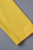 Gele Casual Solid Fold O Neck Jurken met lange mouwen