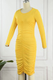Fluorescent Green Casual Solid Fold O Neck Long Sleeve Dresses