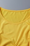 Vestidos de manga larga con cuello en O y pliegues sólidos casuales amarillos