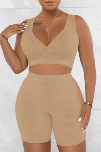 Light Coffee Casual Solid Basic V Neck Sleeveless Two Pieces