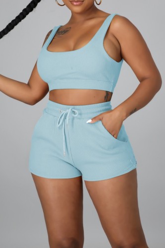 Blue Casual Solid Basic U Neck Sleeveless Two Pieces