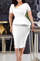 ホワイト エレガント ソリッド パッチワーク 斜め襟 ワンステップ スカート ドレス