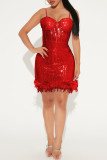 Red Sexy Solid Sequins Patchwork Feathers Spaghetti Strap Sling Dress Dresses