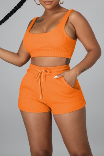 Orange Casual Solid Basic U Neck Sleeveless Two Pieces