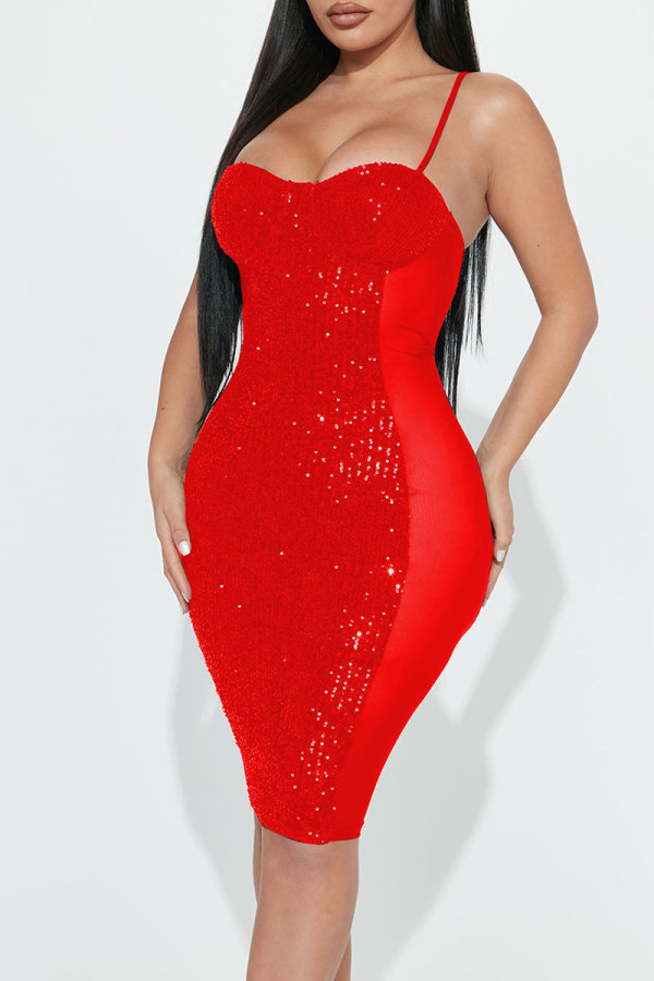 Vestido de tirante de espagueti transparente con retazos de lentejuelas sólidas sexy rojo Vestidos