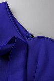 Синее элегантное однотонное вечернее платье в стиле пэчворк с оборками и асимметричным воротником Платья