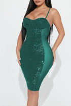 Green Sexy Solid Sequins Patchwork See-through Spaghetti Strap Sling Dress Dresses