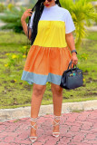 Gele casual kleur Lump patchwork patchwork halve coltrui jurk met korte mouwen