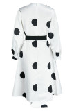 White Casual Print Polka Dot Patchwork With Belt With Bow Ribbon Collar A Line Plus Size Dresses