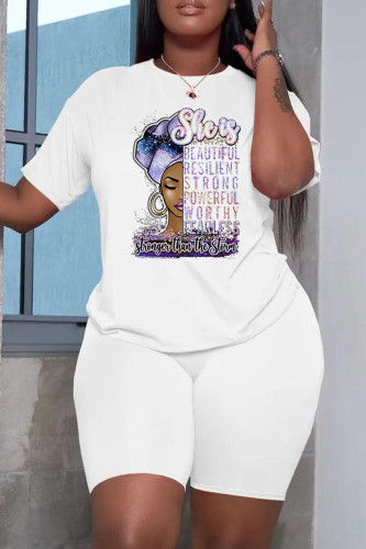 Bianco Casual Stampa Basic O Collo Manica Corta Due Pezzi