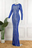 Blaue sexy formale Hot Drilling Pailletten O-Ausschnitt Trompete Meerjungfrau Kleider