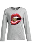 Navy Blue Street Lips Printed Patchwork O Neck Tops