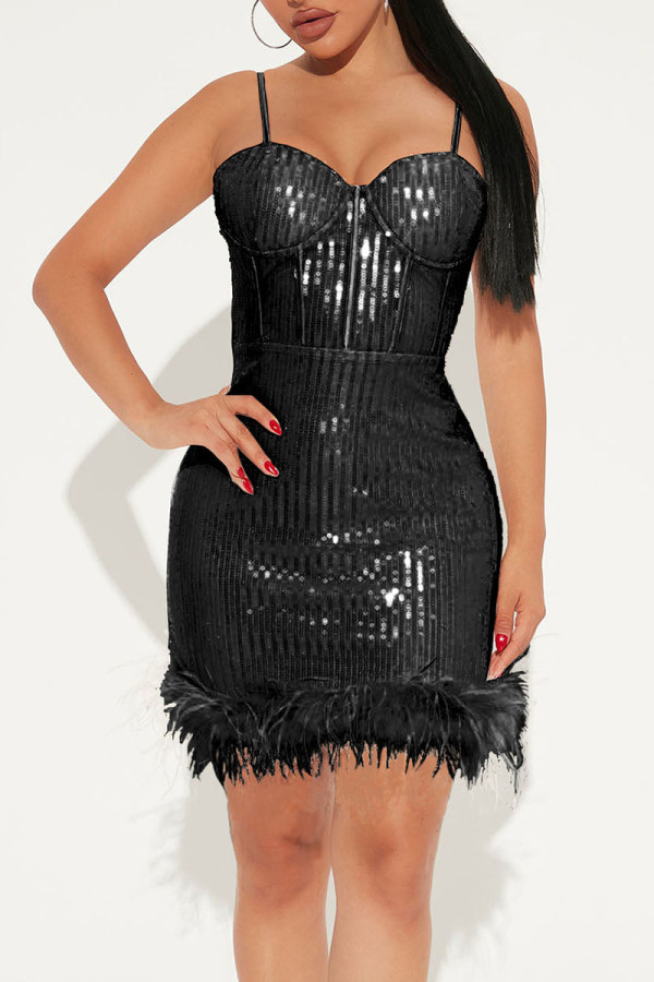 Noir Sexy Solide Paillettes Patchwork Plumes Spaghetti Strap Sling Robe Robes
